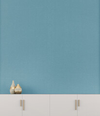 Empty interior background, room with blue painted wall, vases on table, cabinet. 3d rendering