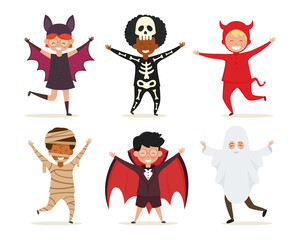 Set of kids in Halloween costume. Cute children wearing in dracula, devil, skeleton, mummy, ghost, bat costume. Vector illustration isolated on white background.