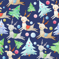 Cute Christmas deer in blankets run among blue and green Christmas trees. Watercolor holiday illustration on a dark blue background. Seamless pattern.