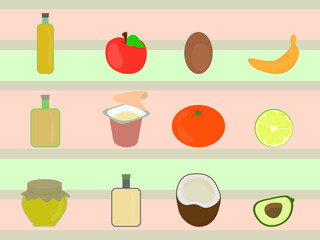 Food set. Collection of various meal related icons. Healthy fresh nutritional ingredients for cooking. Vector illustration in cartoon style