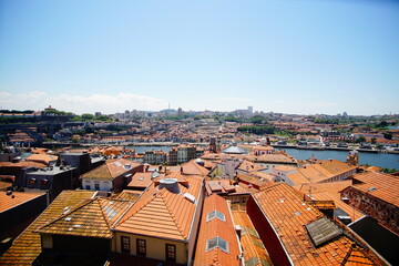 Fototapeta na wymiar Porto, Portugal, top view of buildings with red tile roofs in the Porto city center