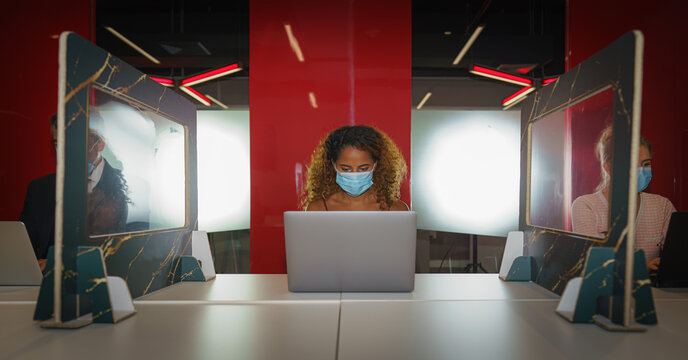 new normal of business people wearing face mask with social distancing