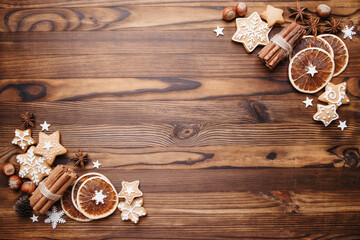 Christmas background. Gingerbread and festive decorations composition with copy space. New year...