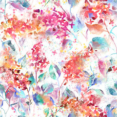Obraz na płótnie Canvas Watercolor floral seamless pattern with blurred lilac flowers. Colorful nature background made of meadow flowers with stains and splashes of paint, grunge texture. Spring blooming. Trendy mixed design