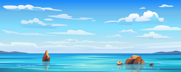 Sky and sun at sea background, ocean and beach vector island scenery empty flat cartoon. Ocean or sea water with waves and clouds in sky, summer blue seascape with cloudy sky and seaside panorama - obrazy, fototapety, plakaty
