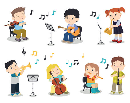 School Band Practice Cute Children Playing Music Instruments Vector Clip Art Illustration Design Set Isolated on White