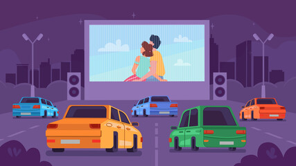 Naklejka premium Car cinema or drive movie theater with romantic couple on screen, vector cartoon background. Cars at drive cinema parking lot in night city and movie theater with moan and man embracing on screen