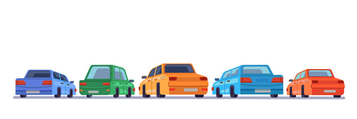 Cars standing rear backs, cartoon vehicles backside on parking, vector isolated icons. Cartoon automobiles or cars on parking lot facing to background with rears side