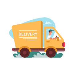 Delivery courier truck, car of deliver vector flat cartoon icon. Man driver in delivery van, express order shipping and online store service, food or shop order fast delivery, shipment vehicle