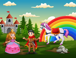Obraz na płótnie Canvas Cartoon princess and prince in front the castle