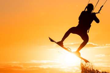 Silhouette of kitesurfer jumping in beautiful yellow sunset conditions with the sun right below his...
