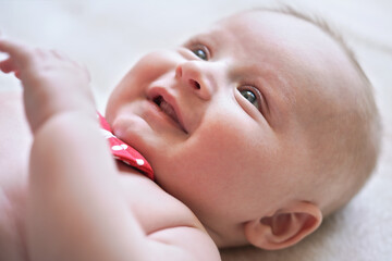 4 months old infant baby boy at changing table, detail on his head, red white dot bow over neck