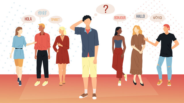 Social Communication Concept. Young People From Different Corners Of The World Greet Each Other In Different Langages. Man Wonders How They Are Going To Communicate. Flat Style Vector Illustration