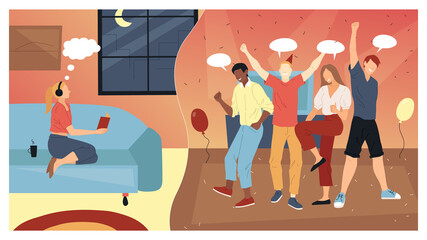 Student Interests Concept. Young Girl Sits On The Couch In The Room At Late Evening. Holding And Reading A Book While Her Friends Having Fun At The Discotheque Tonight. Flat Style Vector Illustration