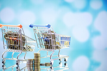 Background shopping trolley. Concept of shopping for groceries and things. Weekend shop.