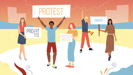 Meeting And Protest Concept. Young Male And Female Characters Came To Outspeak Their Opinion. Protesters Hold Posters To Express Disagreement Shouting Into Loudspeaker. Flat Style Vector Illustration