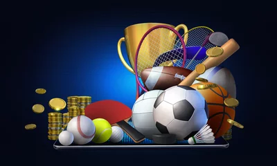 Zelfklevend Fotobehang Online gambling concept image suggesting the idea of betting on all major sports using apps on mobile devices. 3D rendered illustration on a dark blue background © Dana.S