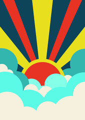 retro vector illustration of sun and clouds in flat color style - 370313011