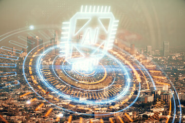 Data theme hologram drawing on city view with skyscrapers background double exposure. Technology concept.
