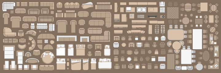 Icons set of interior. Furniture top view. Elements for the floor plan. (view from above). Furniture and elements for living room, bedroom, kitchen, office. © Алексей Шпадарук