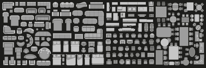 Icons set of interior. Furniture top view. Elements for the floor plan. (view from above). Furniture and elements for living room, bedroom, kitchen, office.