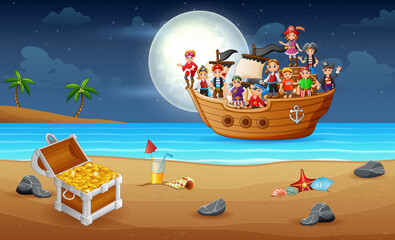 Pirate ship team on boat to search for treasure