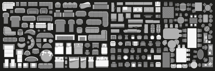 Icons set of interior. Furniture top view. Elements for the floor plan. (view from above). Furniture and elements for living room, bedroom, kitchen, office.