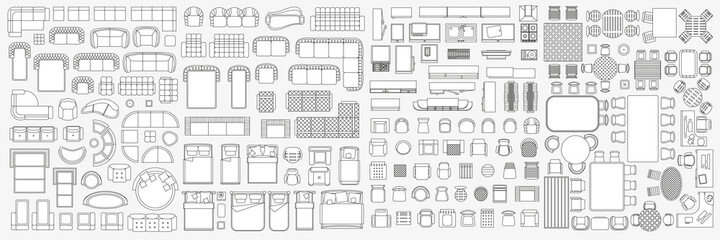 Set of linear icons. Interior top view. Isolated Vector Illustration. Furniture and elements for living room, bedroom, kitchen, bathroom. Floor plan (view from above). Furniture store. © Алексей Шпадарук