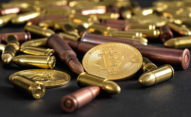 Bronze and brass gun bullets scattered on black table, golden bitcoin coins near - illegal use of...