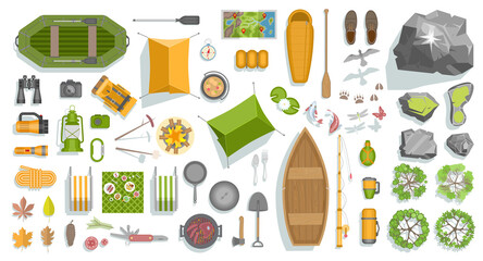 Vector set. Elements of camping. Top view.
Summer background with camping equipment. View from above. - 370313825