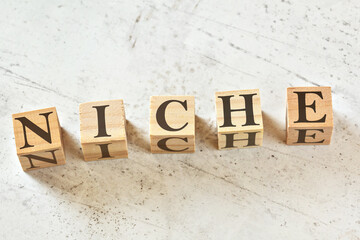 Five wooden cubes with word NICHE on white stone like board, view from above