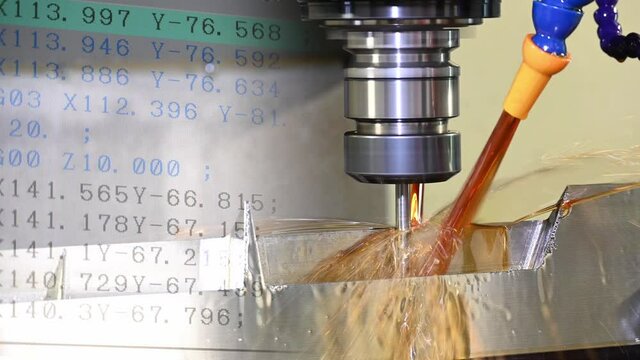 The abstract scene of CNC milling machine and the G-code data background.