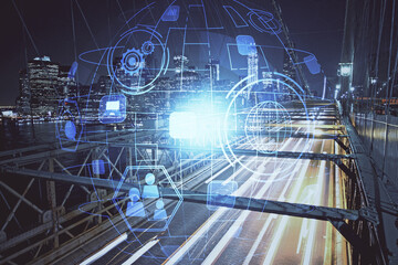 Multi exposure of social network theme drawing and cityscape background. Concept of people connecton.