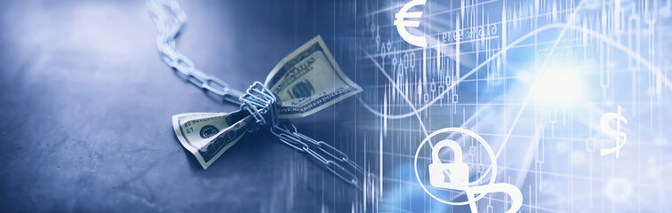 Business concept. The depreciation of the national currency. Hundred dollar bill. Inflation and stagnation. Tighten the hundred dollar bill with a measuring chain.