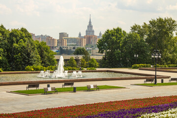 Panoramic view of Moscow Russia and a beautiful fountain in Victory Park on a cloudy summer day
