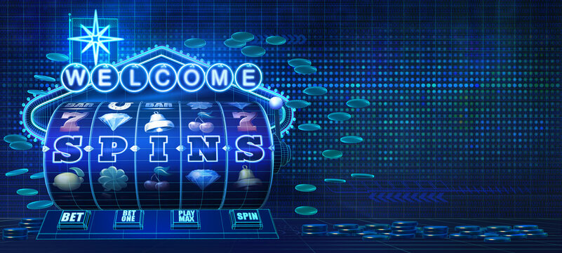 Abstract gambling concept image for online casinos offering free spins bonus rounds on slot games. 3D illustration showing wireframe style computer generated slot reels, coins and a neon sign