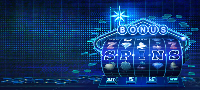 Abstract gambling concept image for online casinos offering free spins bonus features on slot games. 3D illustration showing wireframe style computer generated slot reels, coins and a neon sign