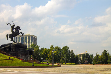 Monument to George the victorious on Poklonnaya hill in Victory Park in Moscow Russia and space for...