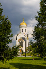 Fototapeta na wymiar St. George's Cathedral in Victory Park in Moscow Russia close up on a Sunny summer day