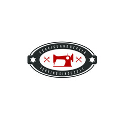 Red sewing machine silhouette and wrench in black circle frame isolated on white background perfect for service and repair business logo