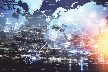 Multi exposure of social network theme drawing and cityscape background. Concept of people connecton.