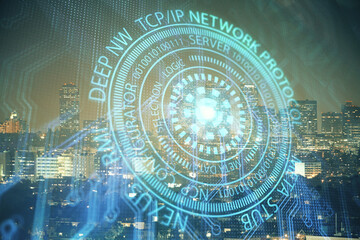 Data theme hologram drawing on city view with skyscrapers background multi exposure. Ai concept.