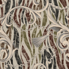 Fashion seamless pattern with chains, Baroque frame elements and jungle zebra tiger skin print texture ornament. Animal leather watercolor stripes background mixed with damask oriental floral decor.