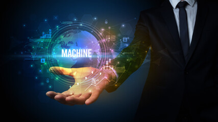 Elegant hand holding MACHINE inscription, digital technology concept