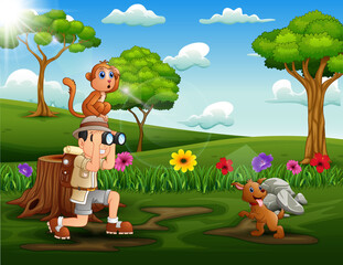Illustration the explorer man with animals at park