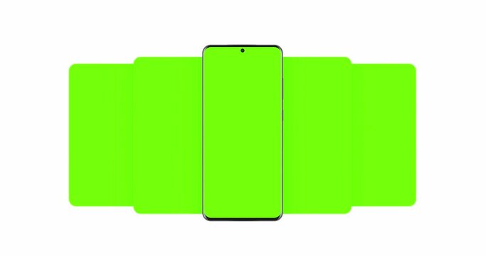 Smartphone with blank green sliding app screens isolated on white background. Animation for showcasing mobile web-site design of more projects