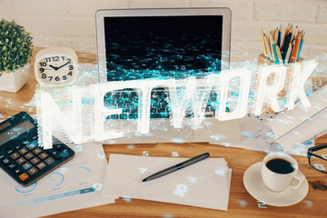 Multi exposure of desktop with computer on background and tech theme drawing. Concept of big data.