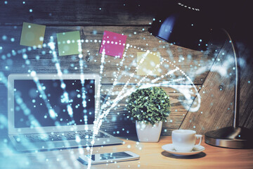 Desktop computer background and DNA drawing. Double exposure. Science concept.