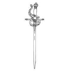 Single antique sword with a figured hilt. The outline drawing of the sword is isolated on a white background. Vector illustration in hand-drawn style. A design or coloring element.