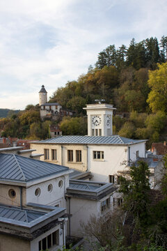 France, Aubusson, 23, in the foreground rooftop of the cinema, and in the background the City hall.